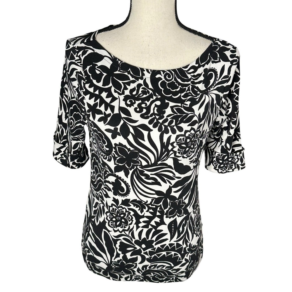 Lauren Ralph Lauren Women's Floral Stretch Cotton Boatneck Tee Sz M